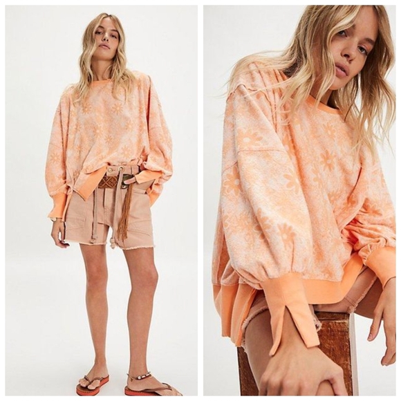 Free People Tops - Free People Steal My Sunshine Pullover Terry Cloth Blend Orange White Large NWT
